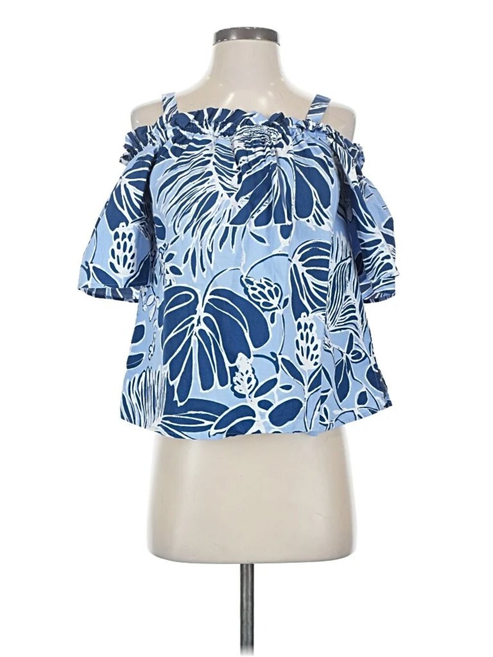 Natori EUC Blue and White Floral Off-Shoulder Blouse